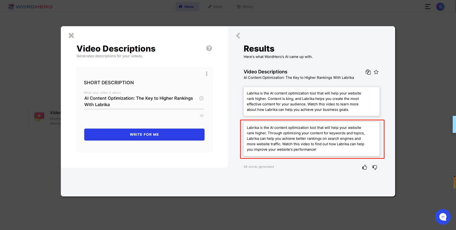video descriptions - Wordhero AI