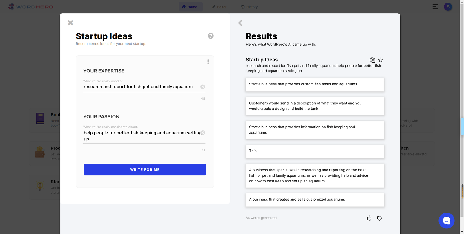 startup ideas generated by Wordhero AI