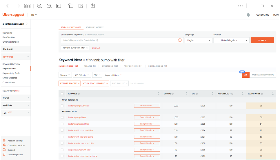 Ubersuggest keyword research - product review AI writing