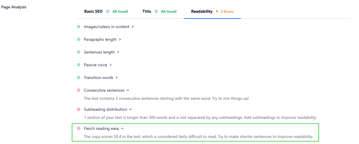 Flesh Reading Ease example AIOSEO