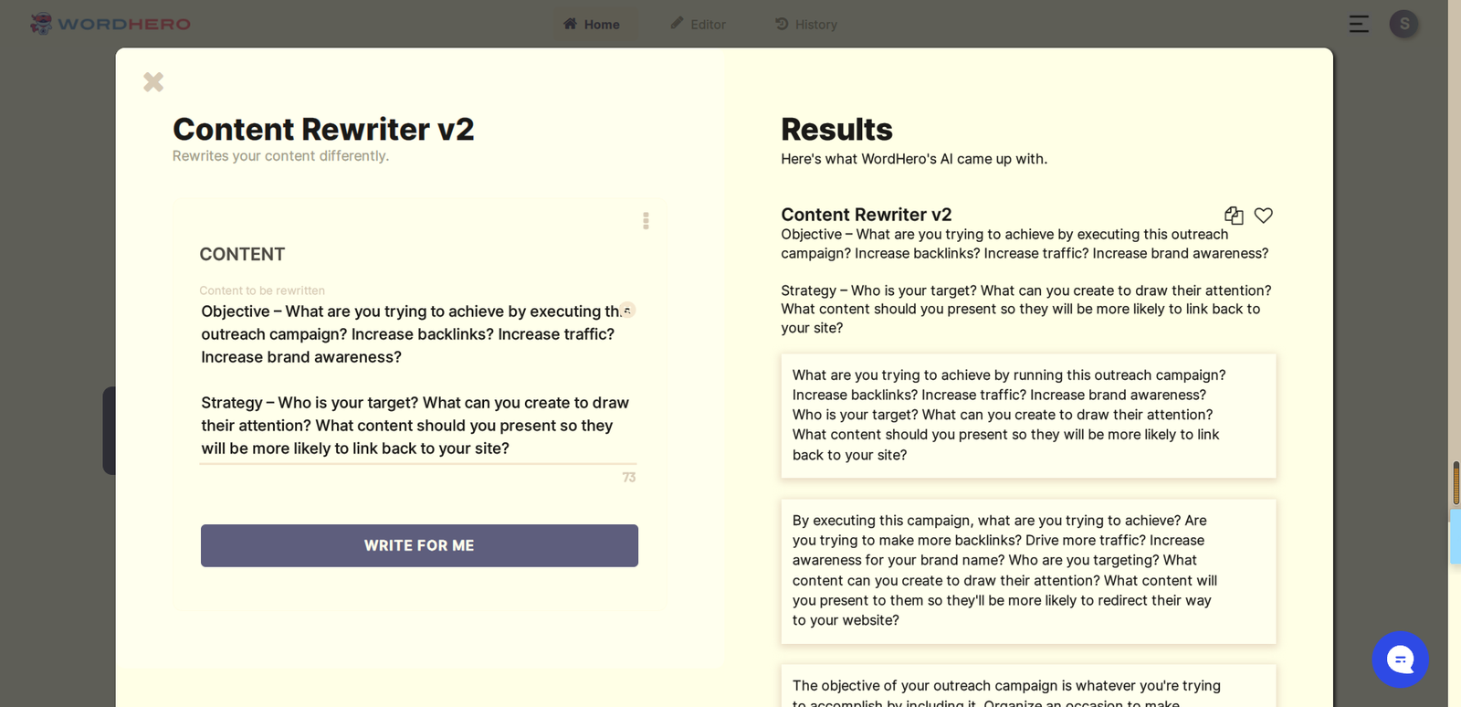 WordHero AI Content Rewriter V2 Interface