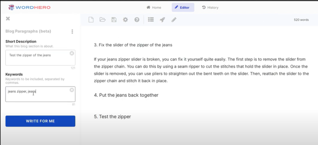 WordHero AI Blog Paragraphs Tool